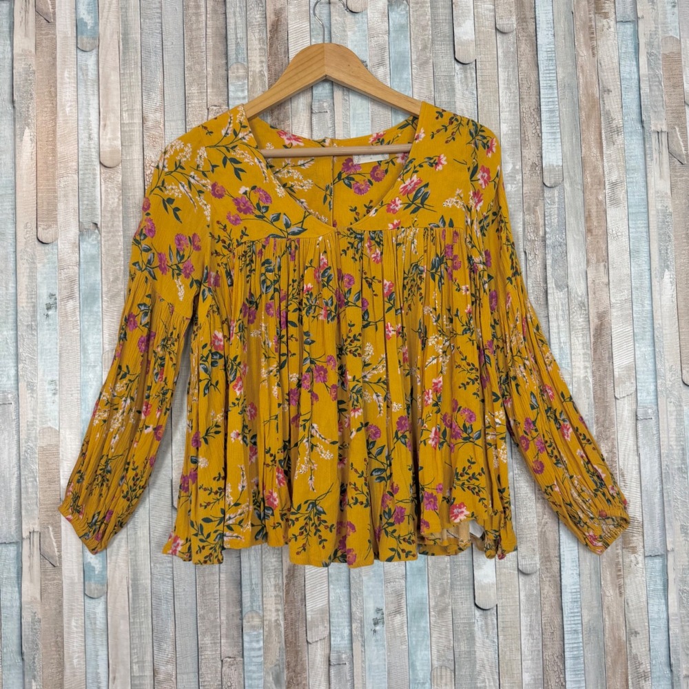 Altar'd State Mustard Floral Pleated Babydoll V-Neck Button Back Blouse Top M